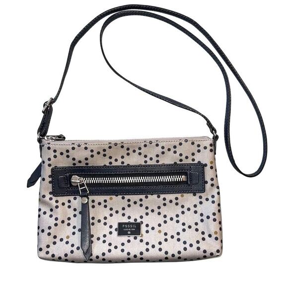 Fossil Dawson Polka Dot Crossbody Bag Purse Gray Navy Mustard Adjustable Strap - Picture 1 of 16